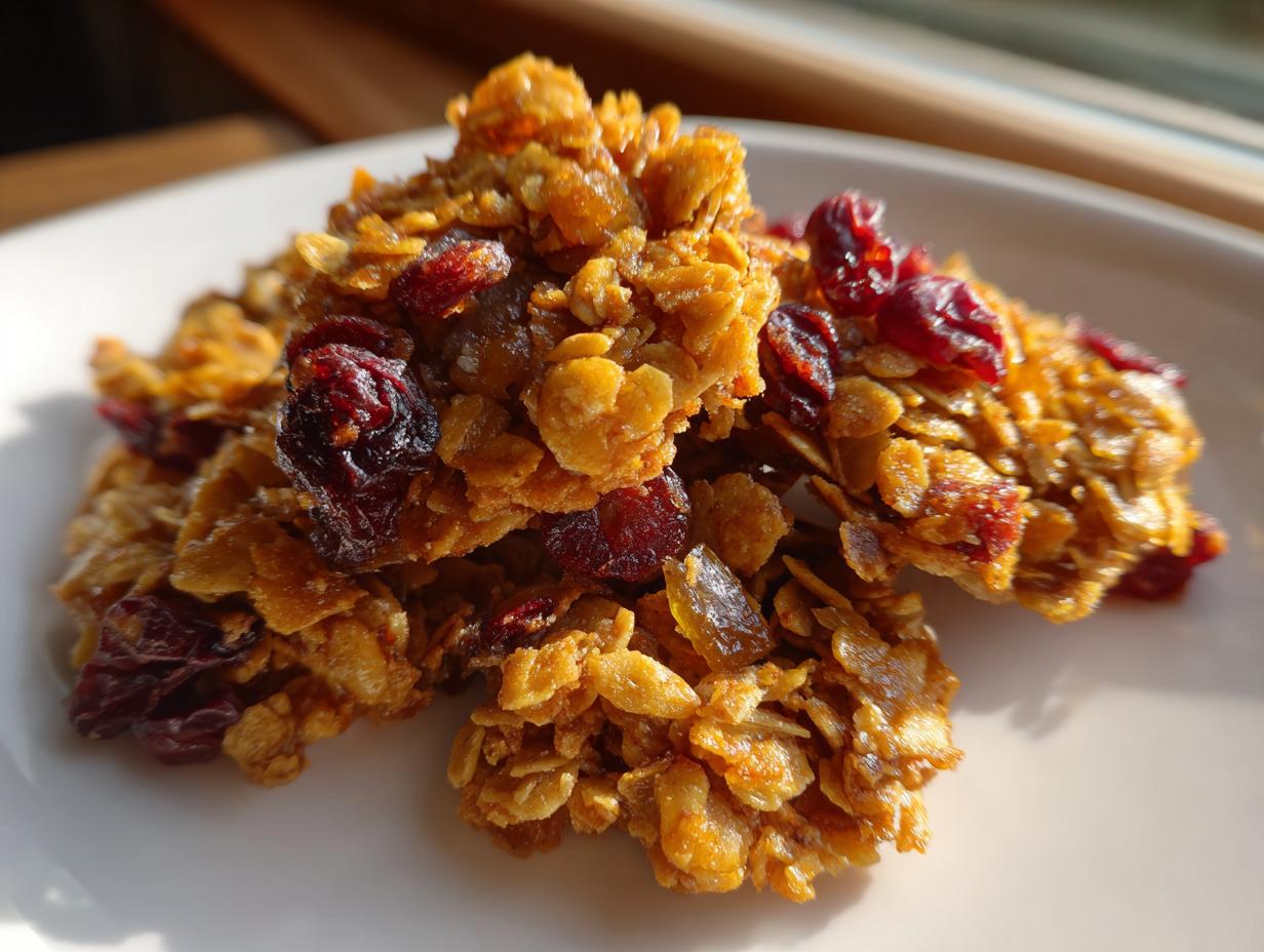 Close-up of crunchy, golden gingerbread granola clusters mixed with dried cranberries served on a white plate.