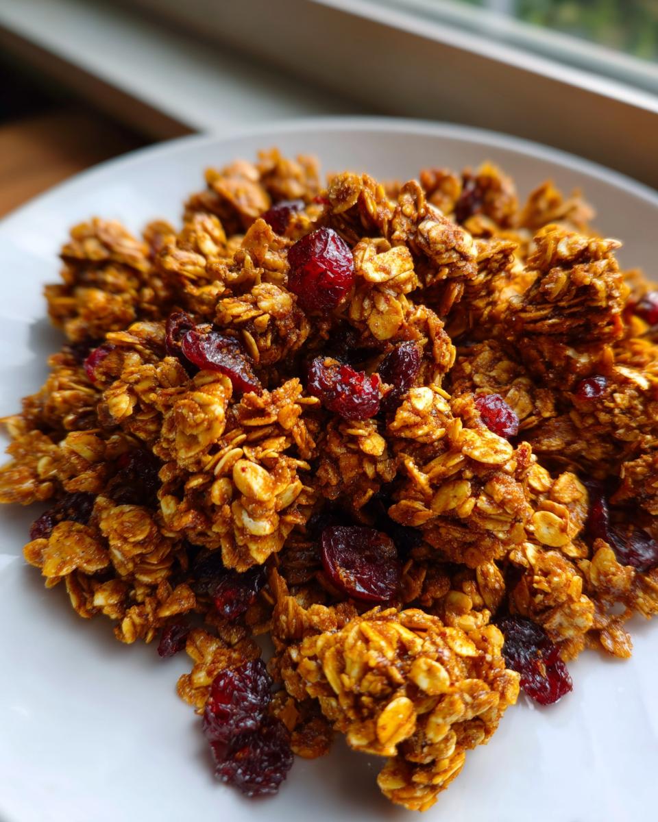 A close-up shot of homemade gingerbread granola clusters mixed with dried cranberries served on a white plate.