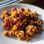 A close-up pile of crunchy gingerbread granola mixed with dried cranberries and orange pieces on a white plate.