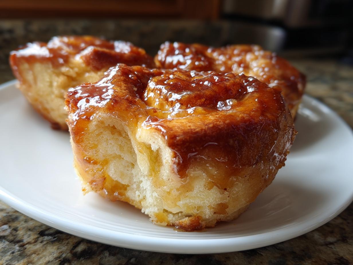 Close-up of a soft, baked apple dumpling covered in shiny caramel glaze, resting on a white plate.