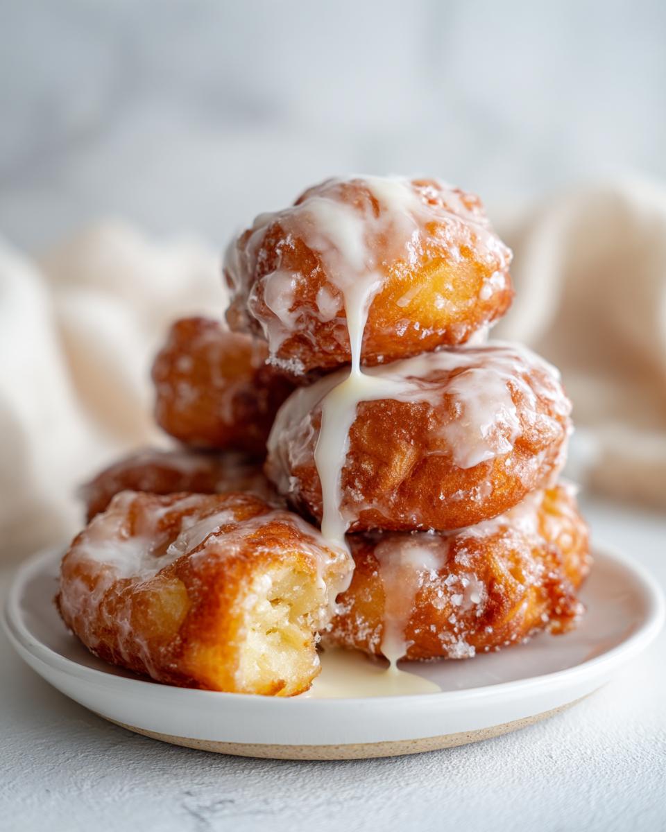 A stack of golden brown, glazed apple fritter piled high on a white plate, showing the soft interior.