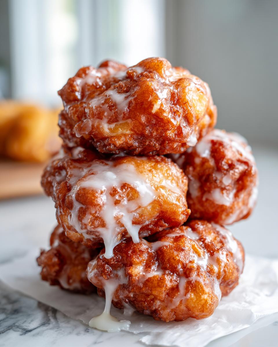 A tempting stack of golden brown, glazed apple fritter treats drizzled with white icing.