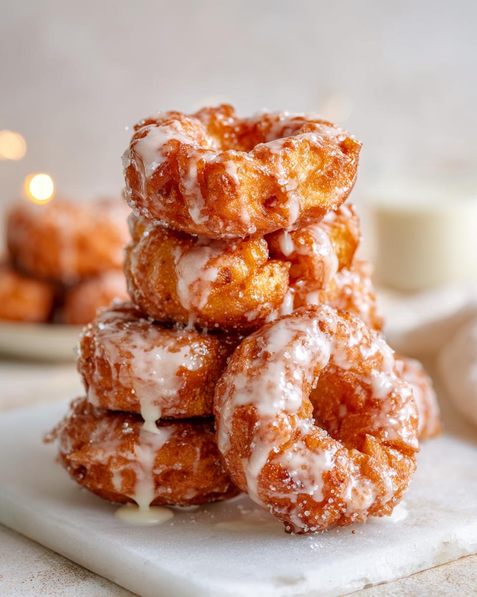 A tall stack of golden brown, freshly fried apple fritter donuts generously drizzled with white glaze.