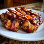 Close-up of perfectly cooked, glazed bacon wrapped shrimp arranged on a white plate.