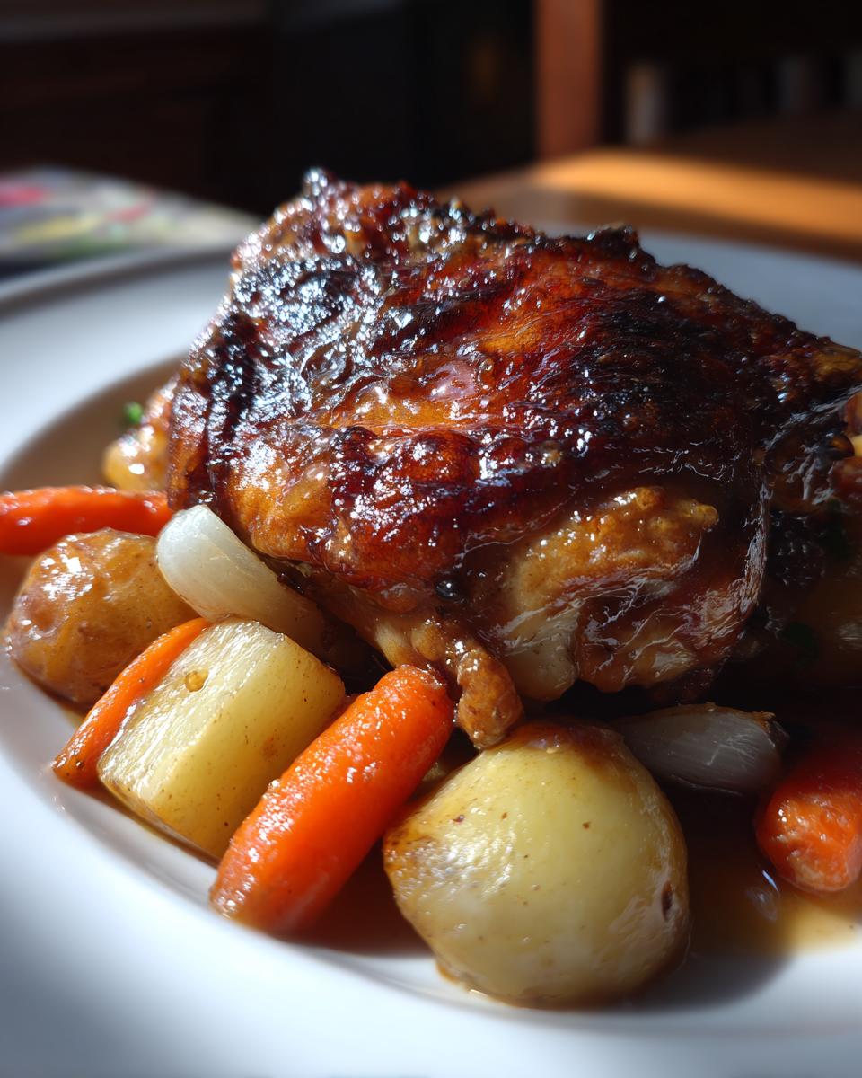 A close-up of a perfectly glazed braised chicken thighs served with roasted potatoes, carrots, and onions.