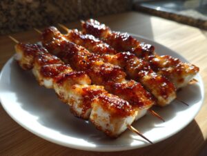 Four glazed chicken skewers resting on a white plate, showing caramelized, shiny coating on the chicken pieces.