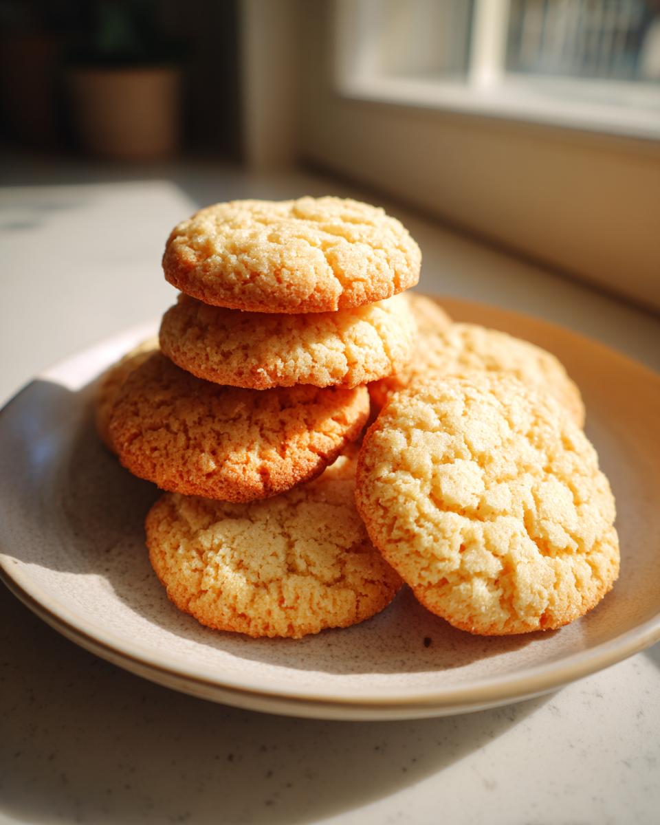 A stack of freshly baked, golden 3-ingredient butter cookies resting on a speckled ceramic plate near a window.