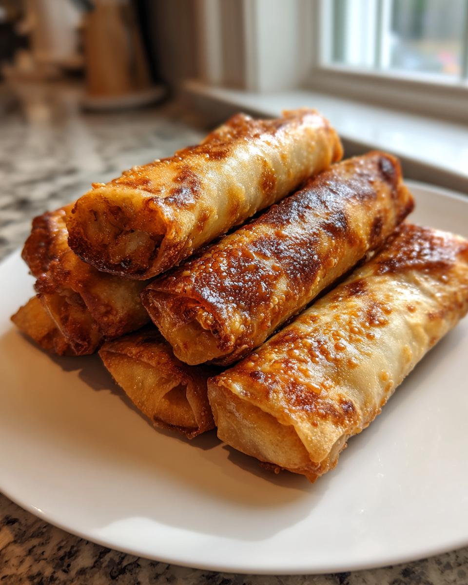 A stack of perfectly cooked, golden brown air fryer egg roll appetizers resting on a white plate.