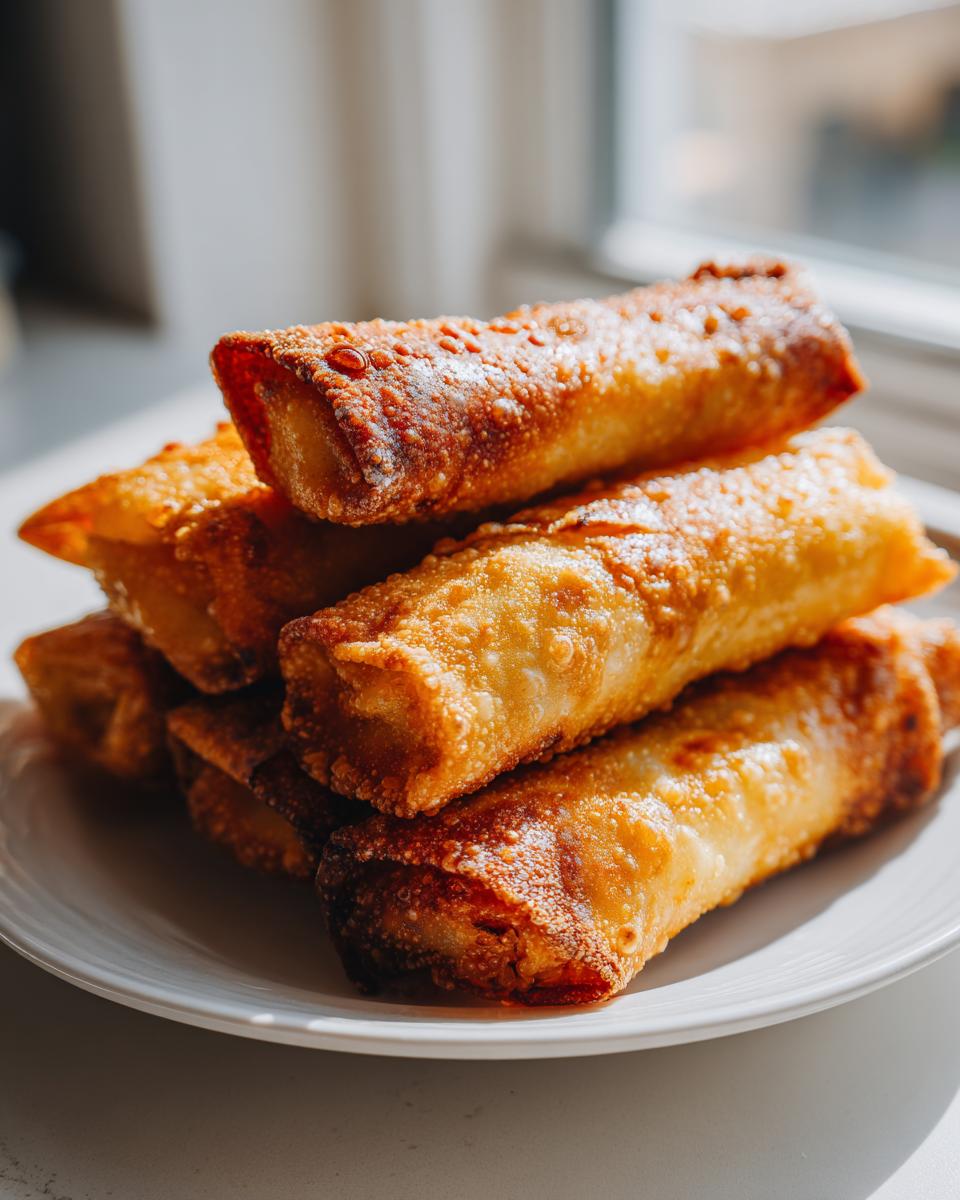 A stack of perfectly golden, crispy fried egg roll wrappers piled high on a white plate.