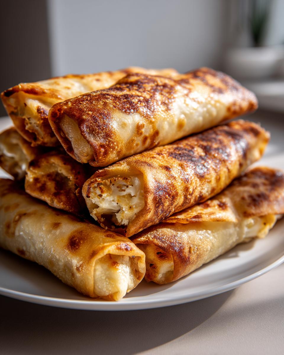 A stack of perfectly golden brown, pan-fried egg roll wrappers filled with a light filling, served on a white plate.