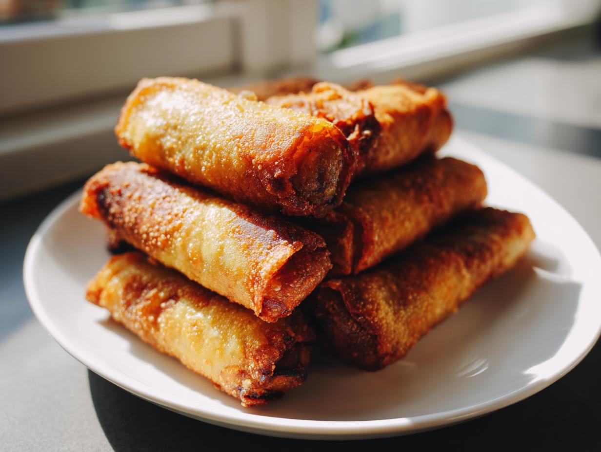 A stack of golden brown, crispy fried egg roll appetizers piled high on a white plate.