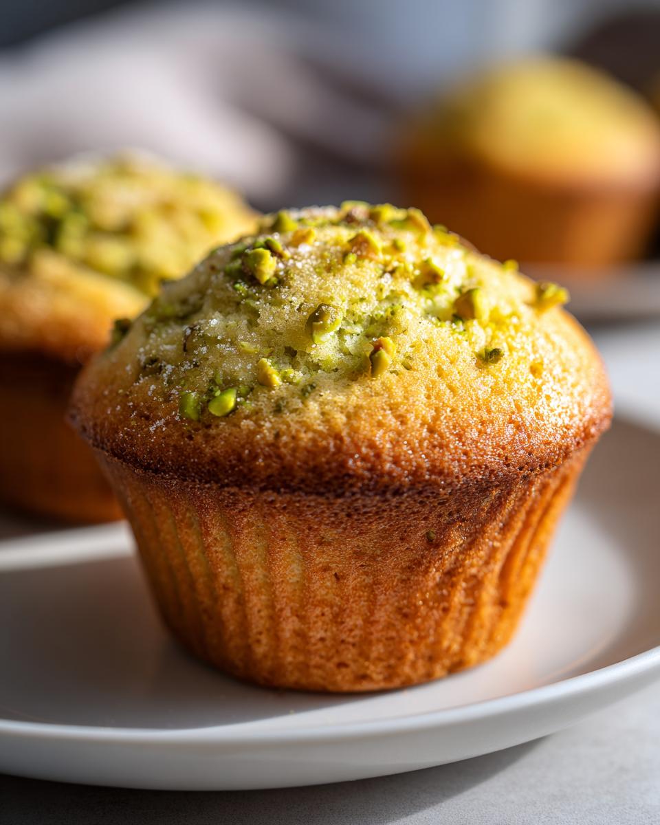 Close-up of a golden-brown pistachio muffin topped with chopped pistachios and sugar.