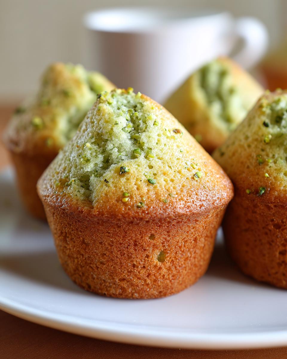 Close-up of freshly baked pistachio muffins with golden brown edges and green pistachio crumbles on top.