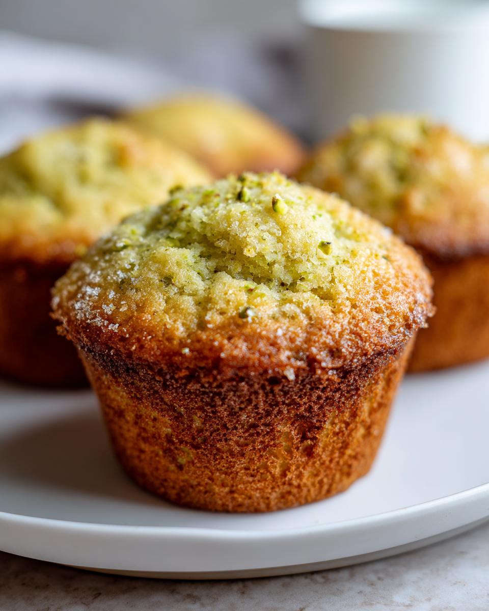 Close-up of a golden brown pistachio muffin topped with sugar and crushed pistachios.