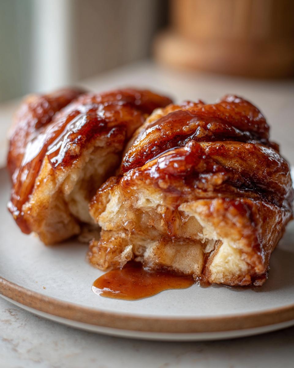Close-up of a gooey, caramelized apple dumpling cut open, showing soft dough and filling, with glaze dripping onto the plate.