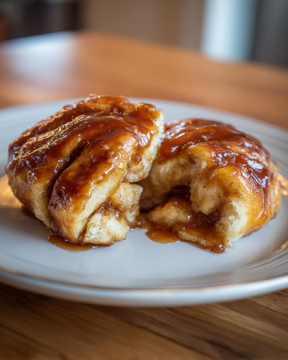 A gooey, caramelized apple dumpling split in half on a white plate, showing the soft interior.