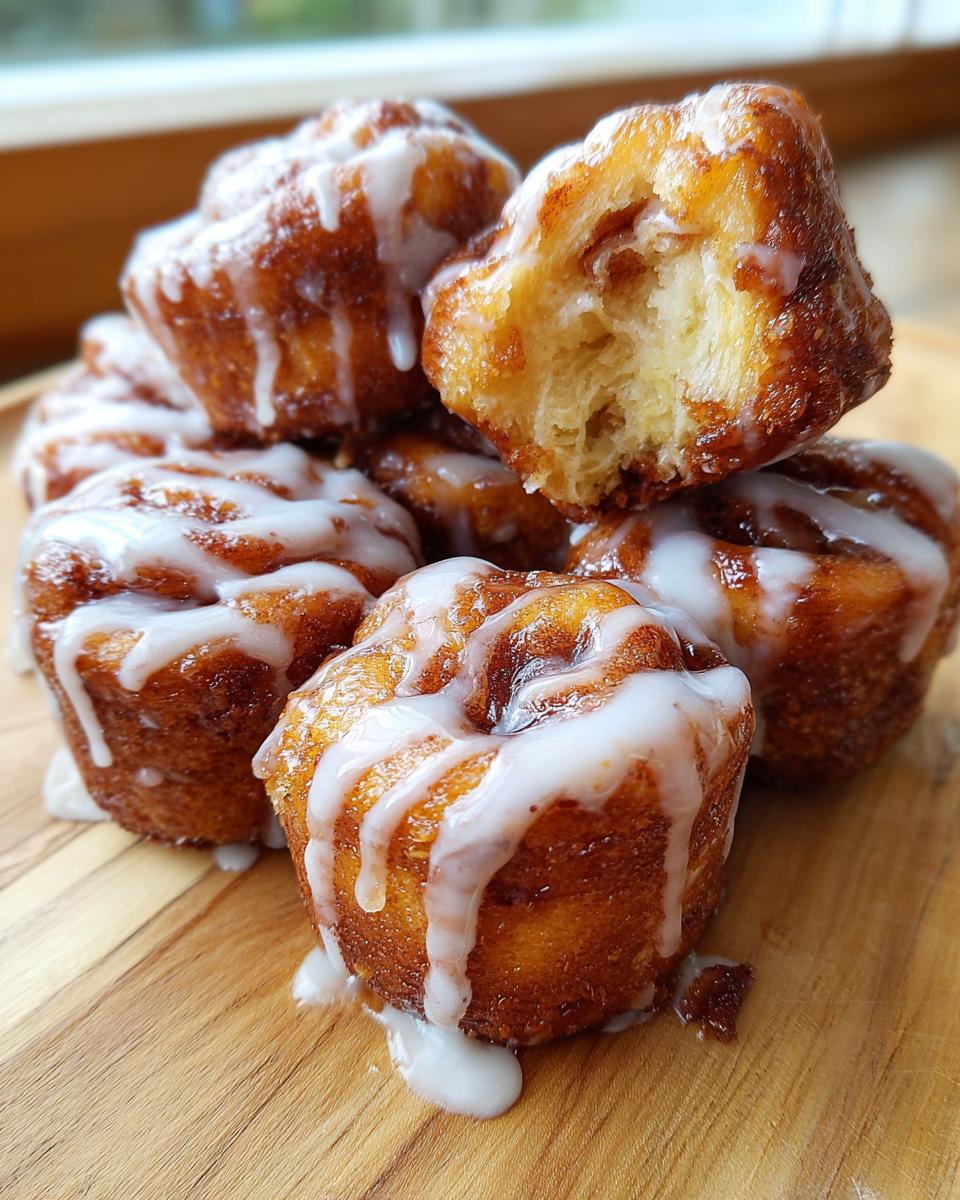 A stack of freshly baked, glazed cinnamon roll bites with one piece broken open to show the soft interior.