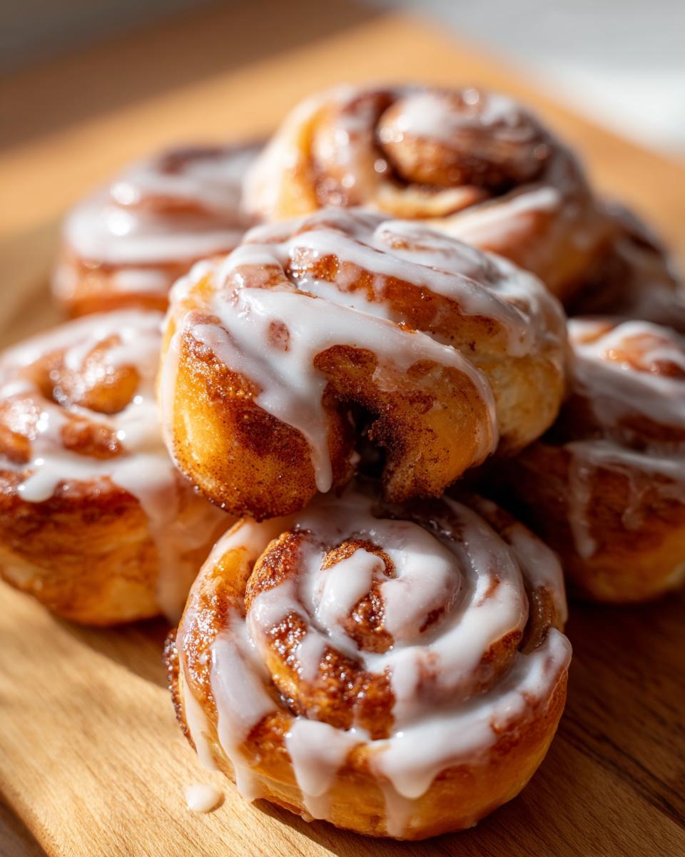 A stack of freshly baked, gooey cinnamon roll bites generously drizzled with white icing, resting on a wooden surface.