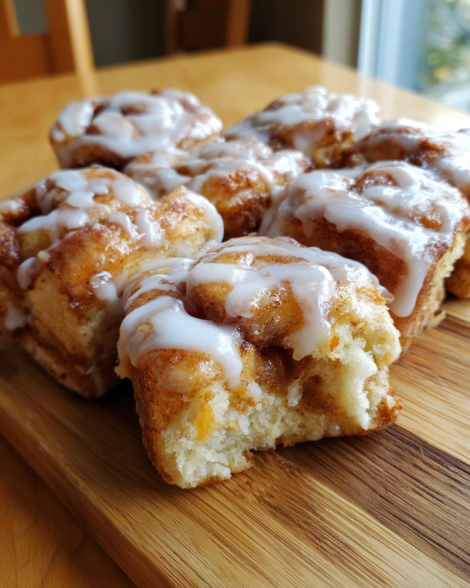 Close-up of several gooey cinnamon roll bites topped with white icing, resting on a wooden board.