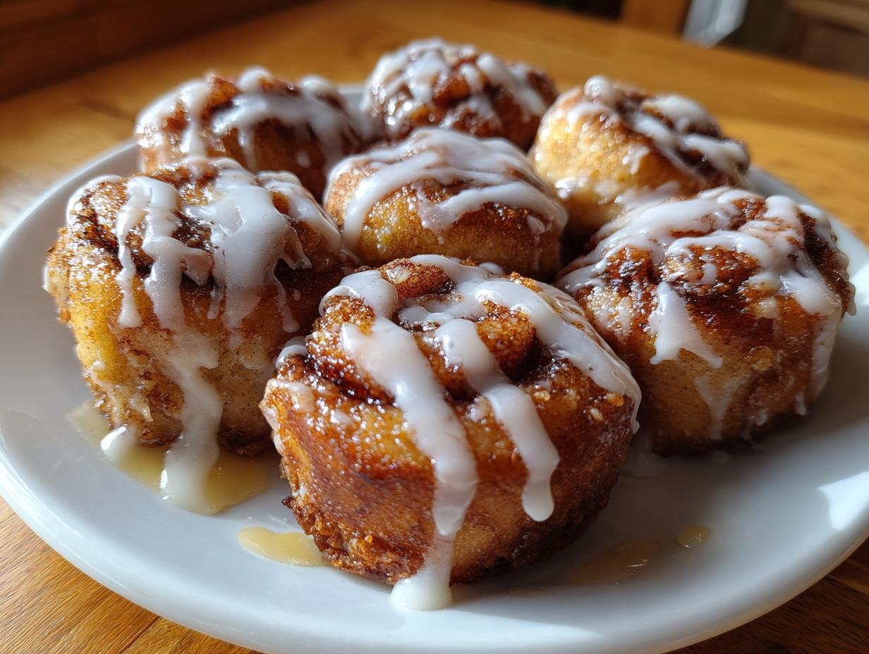 Close-up of several gooey cinnamon roll bites drizzled heavily with white icing on a white plate.