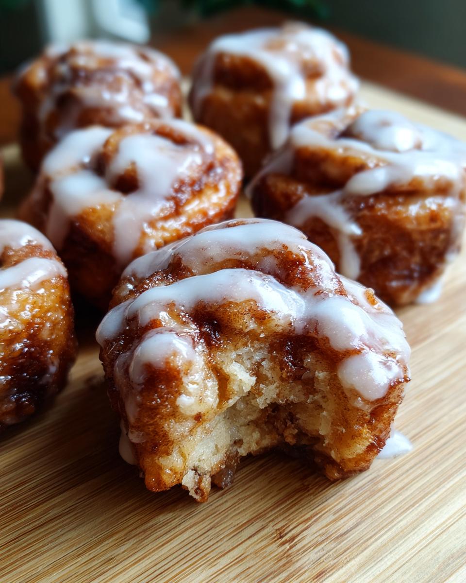Close-up of gooey cinnamon roll bites drizzled with white icing, one bite taken out.
