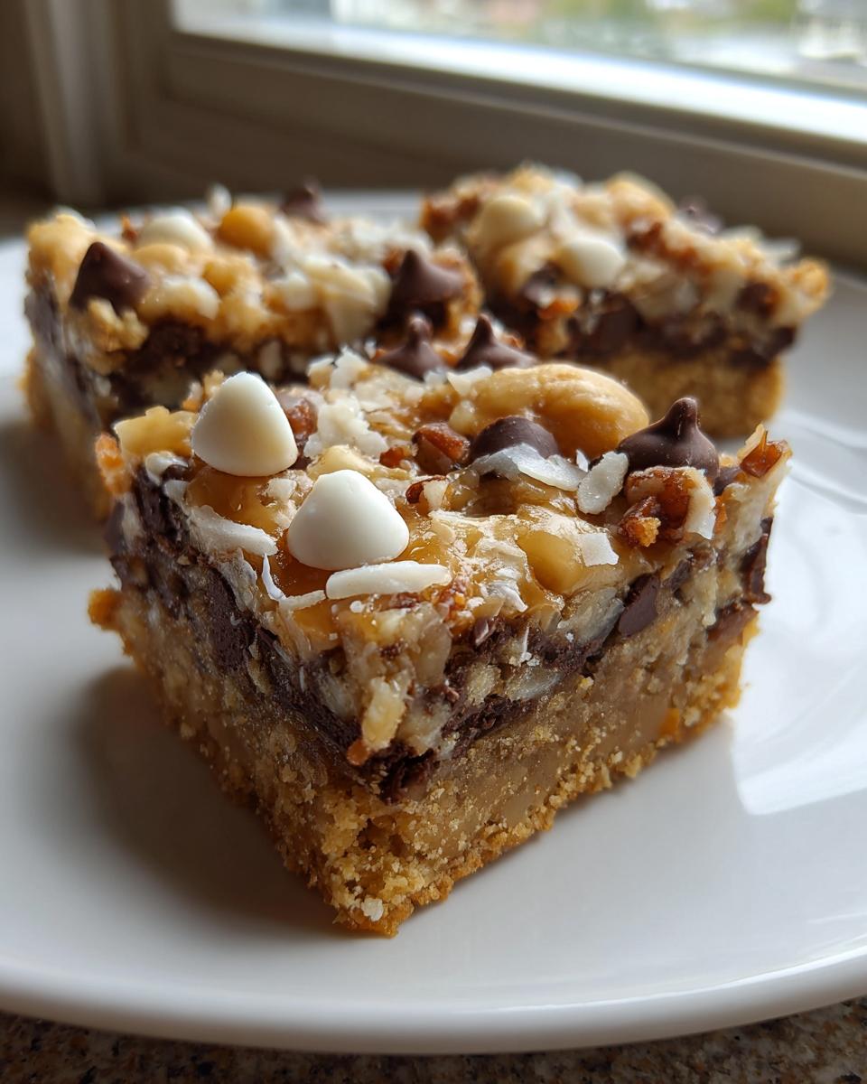 Close-up of a rich, layered magic cookie bars square topped with coconut, nuts, chocolate chips, and white chocolate morsels.