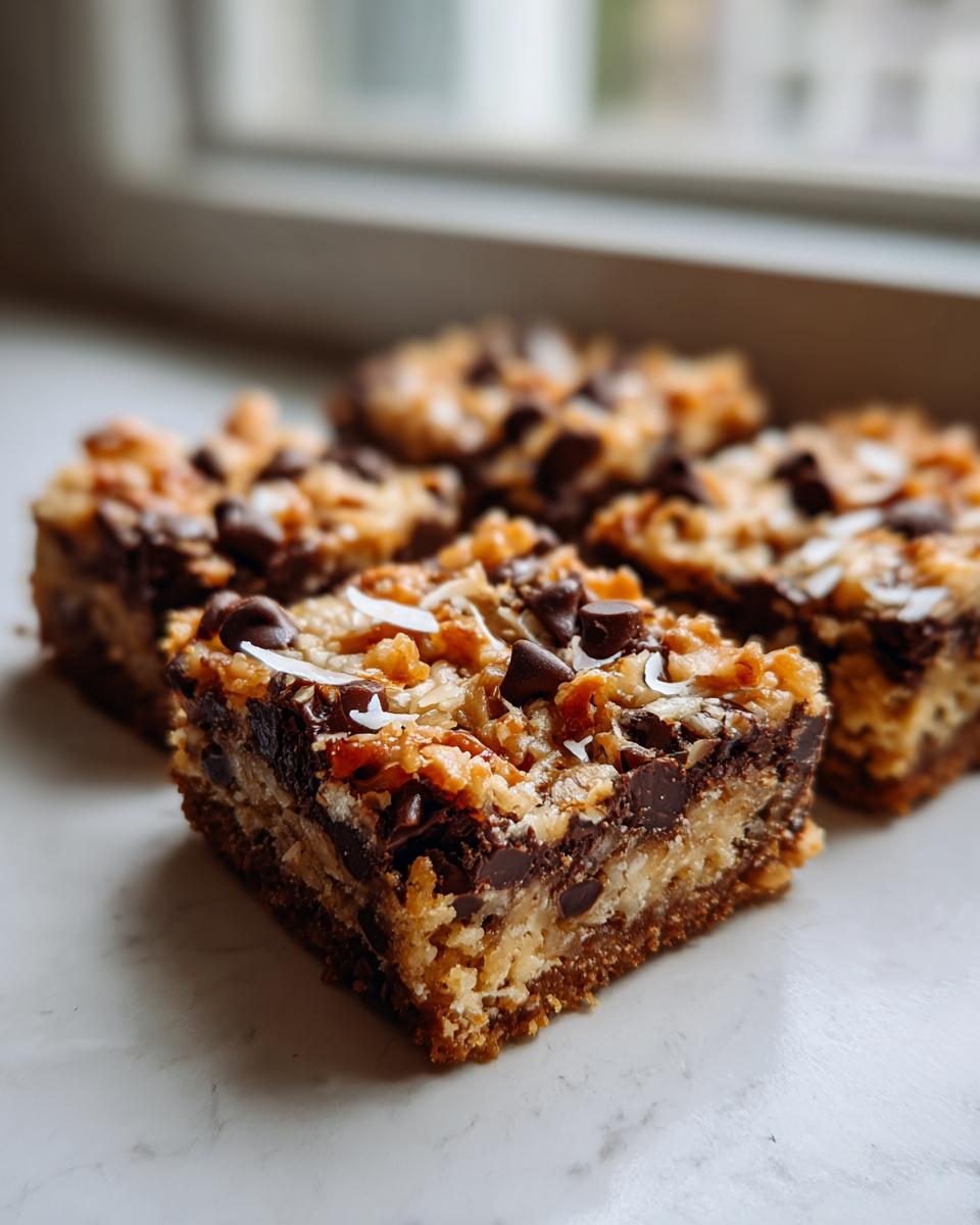 Close-up of a square of rich magic cookie bars showing layers of crust, gooey filling, chocolate chips, and toasted coconut.