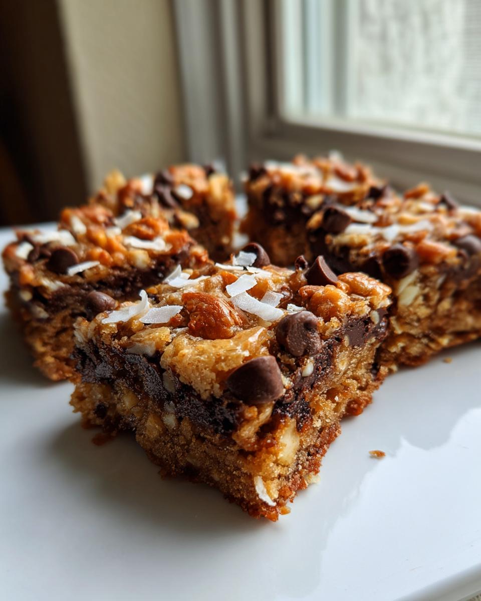 Close-up of several gooey magic cookie bars topped with chocolate chips, nuts, and coconut flakes.