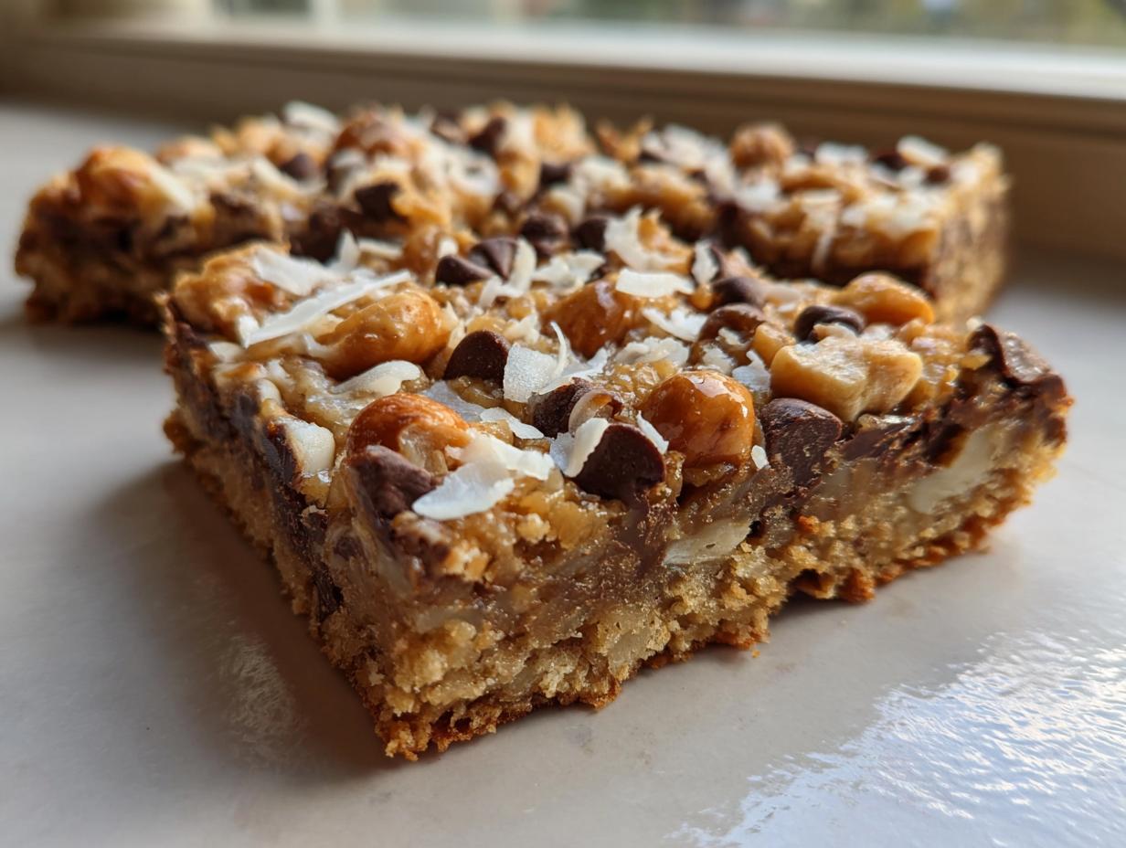 Close-up of a rich, gooey magic cookie bars slice showing the crust, chocolate chips, nuts, and coconut topping.