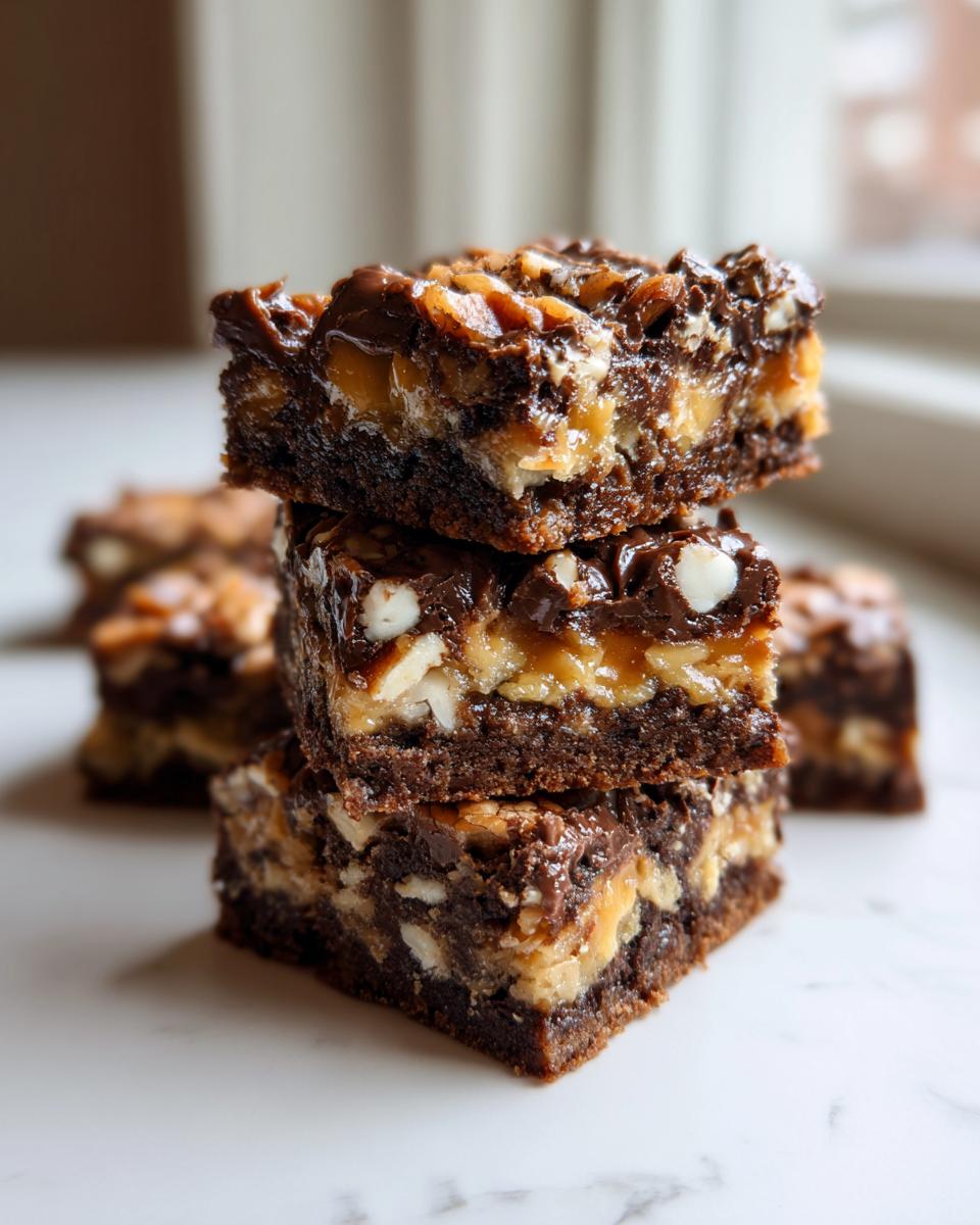 A stack of three rich, gooey magic cookie bars showing layers of chocolate, caramel, and nuts.