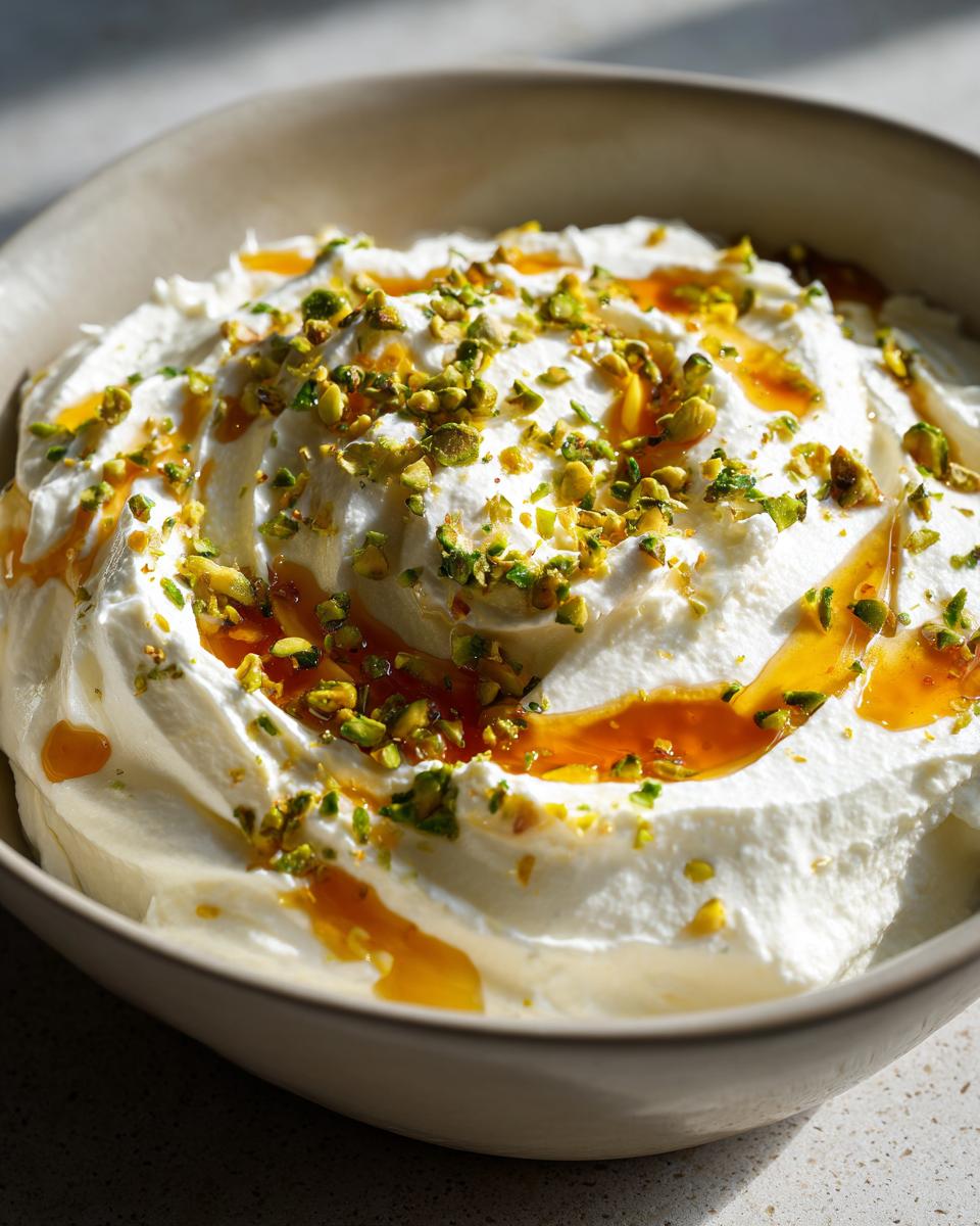 Close-up of creamy ricotta dip topped with chopped pistachios and a drizzle of golden honey.