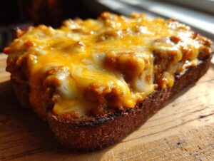 Close-up of a piece of toast topped with the savory, cheesy mixture from the hanky panky recipe.