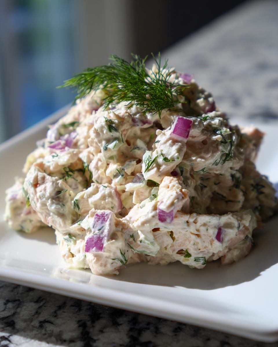 A mound of creamy healthy tuna salad mixed with diced red onion and fresh dill, served on a white plate.