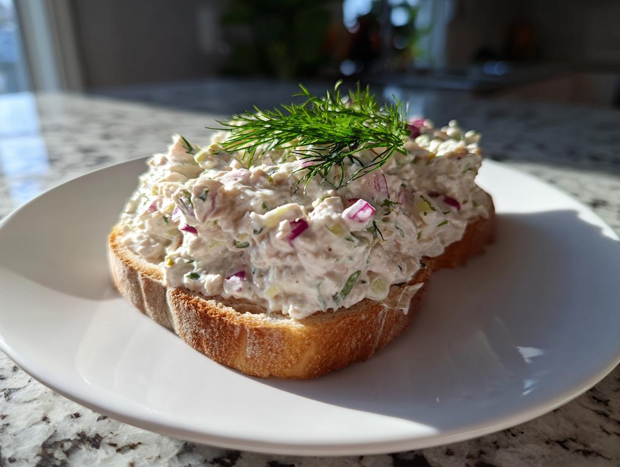A generous serving of healthy tuna salad topped with fresh dill, served open-faced on toasted bread on a white plate.