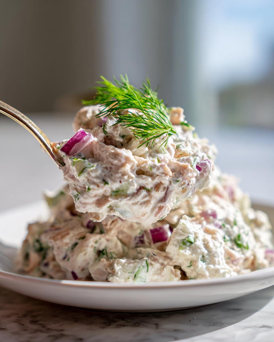A spoonful of creamy healthy tuna salad featuring red onion and topped with fresh dill.