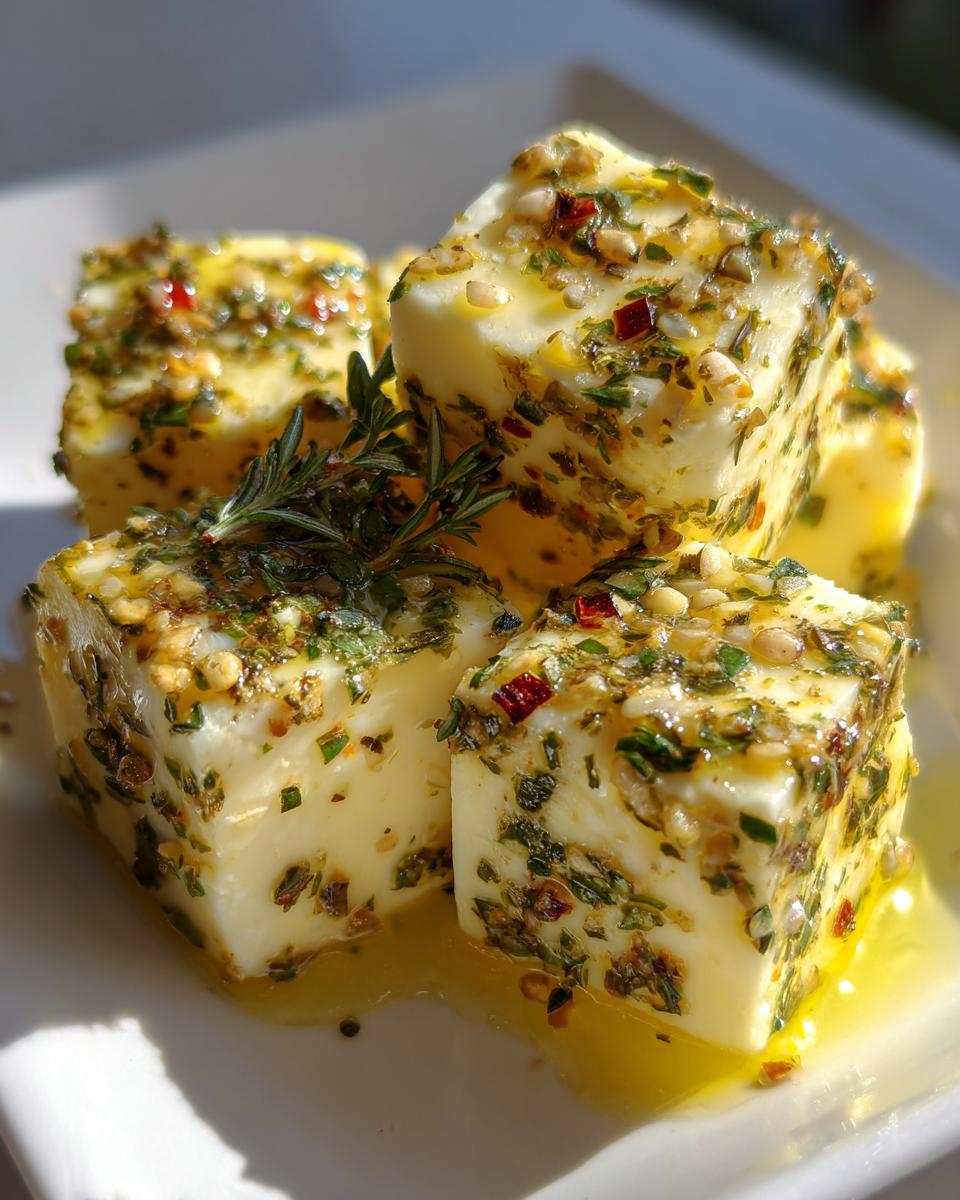 Close-up of several cubes of creamy marinated cheese soaked in olive oil with herbs, spices, and a rosemary sprig.