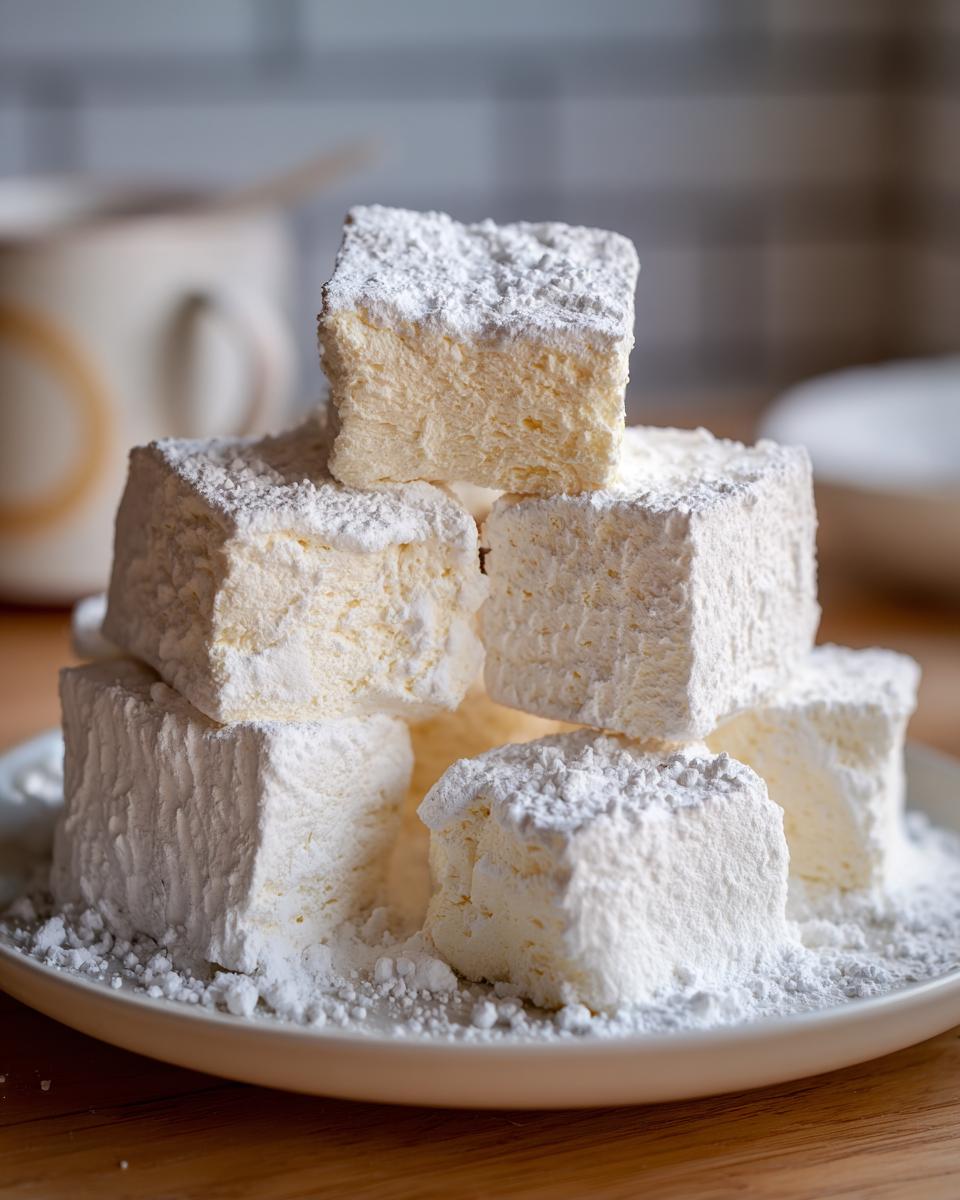 A stack of six fluffy homemade marshmallows generously dusted with powdered sugar sitting on a white plate.
