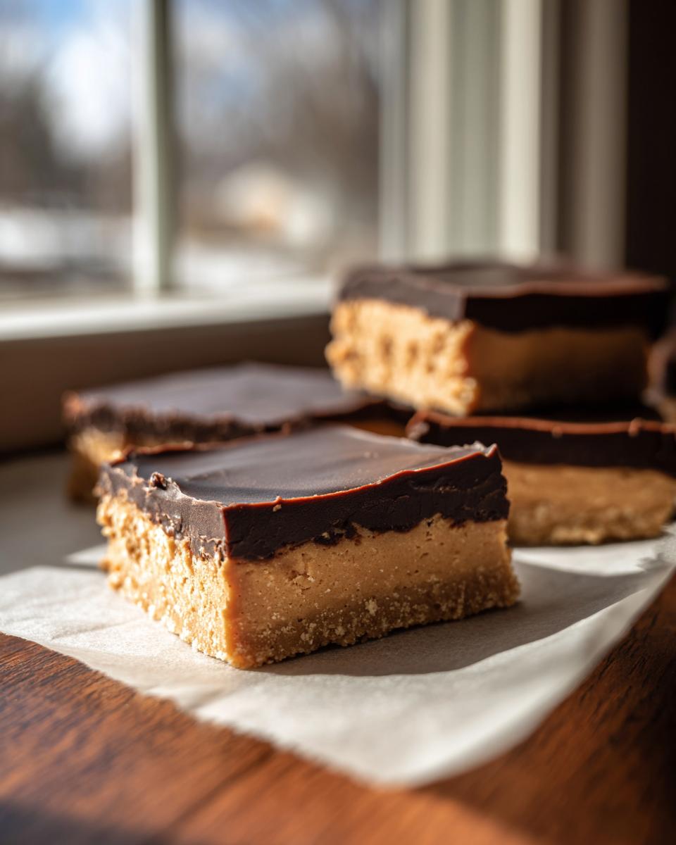 A close-up of several rich peanut butter bars with a thick chocolate topping resting on parchment paper near a window.