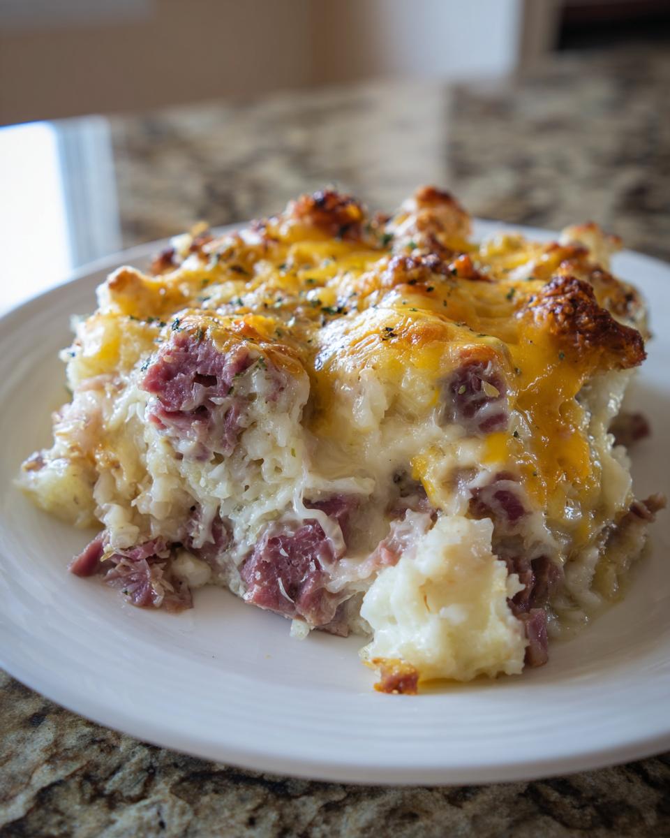 A close-up serving of homemade Reuben bake featuring corned beef, sauerkraut, and a bubbly, melted cheddar cheese topping.