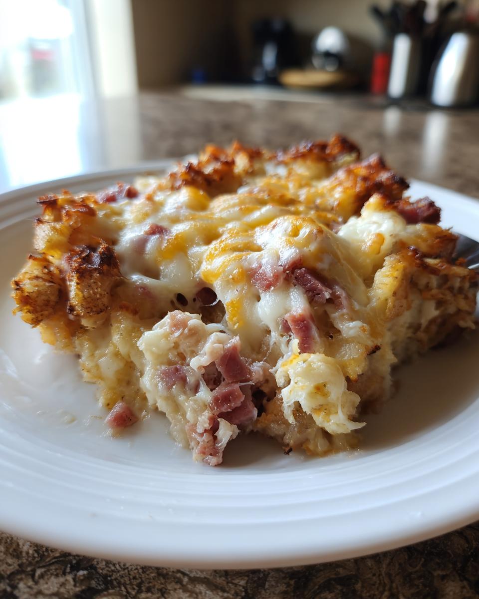 A close-up of a slice of homemade reuben bake on a white plate, showing melted cheese and chunks of corned beef.