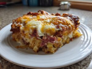 A close-up of a square serving of homemade reuben bake topped with melted, browned cheese and corned beef.