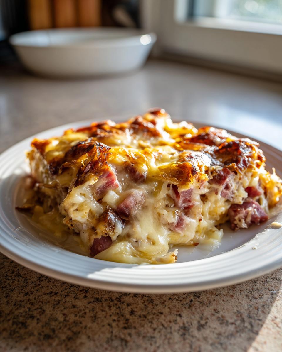 A close-up of a cheesy, baked slice of homemade Reuben bake with visible corned beef and sauerkraut.