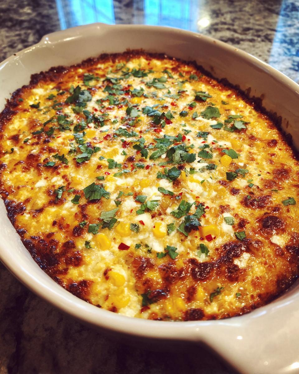A close-up of a hot, baked street corn dip topped with cilantro and chili flakes in a light-colored baking dish.