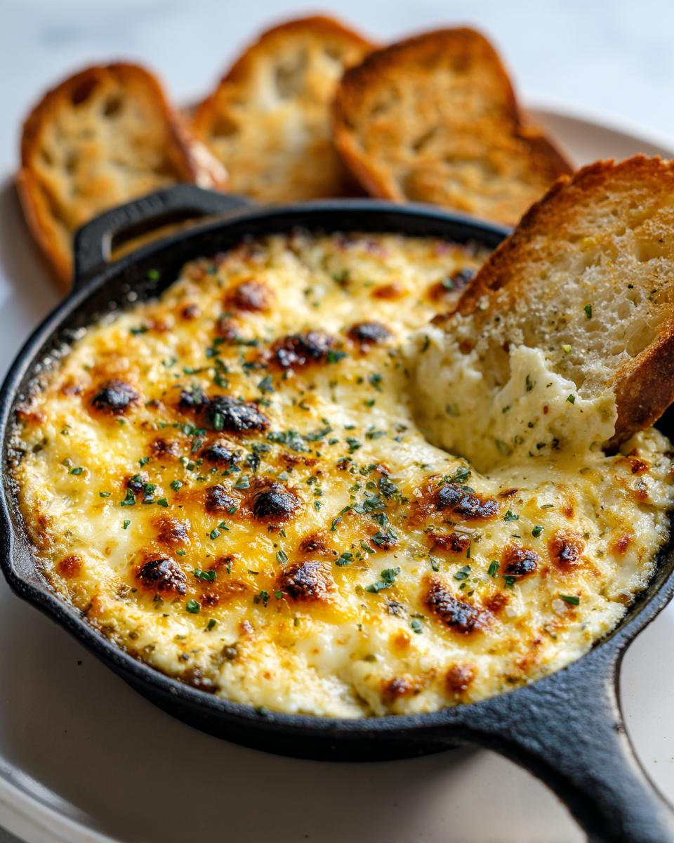 A piece of toasted bread dipping into a hot, cheesy bread dip served in a small cast iron skillet.