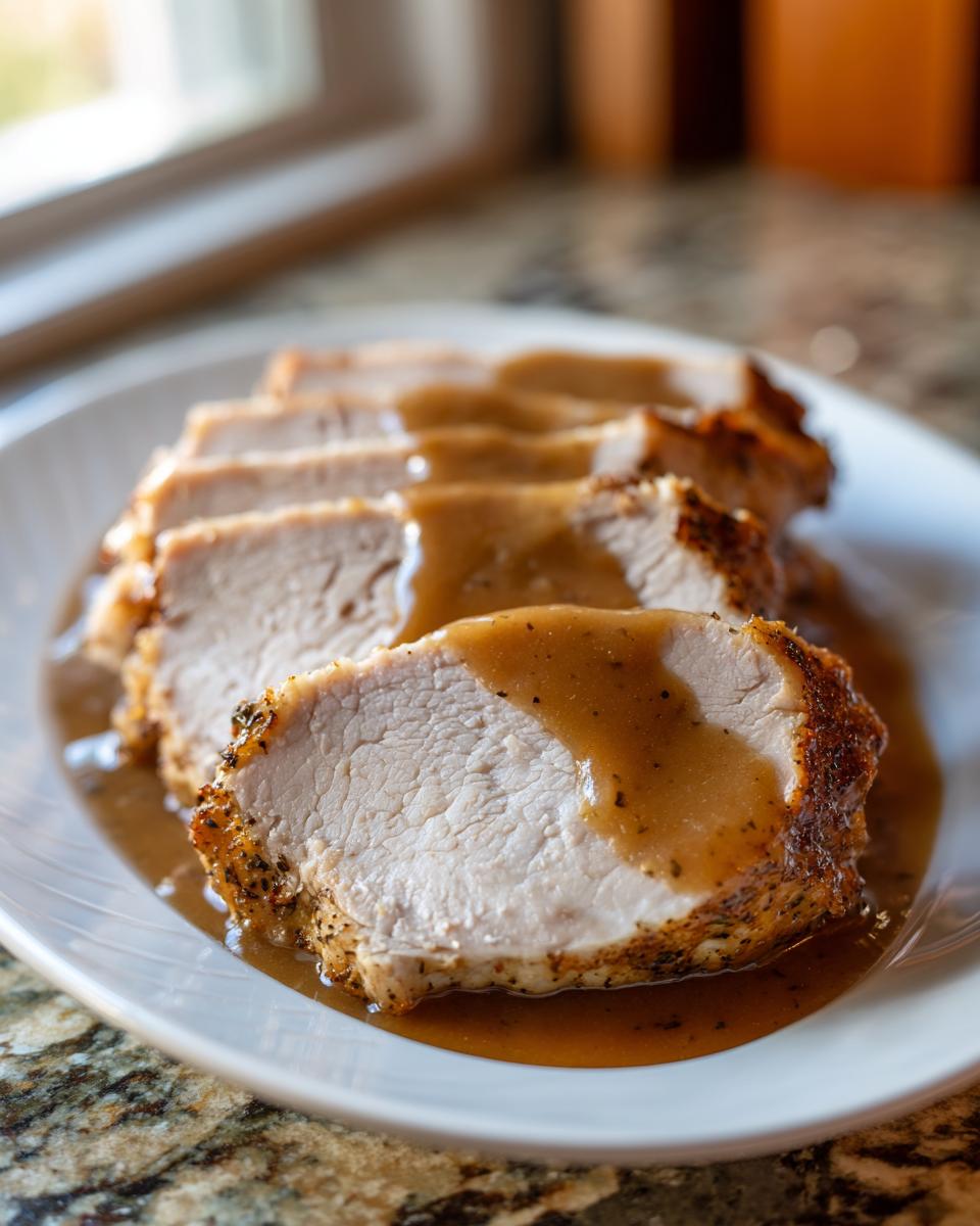 Slices of perfectly cooked instant pot turkey breast covered in rich brown gravy, served on a white platter.