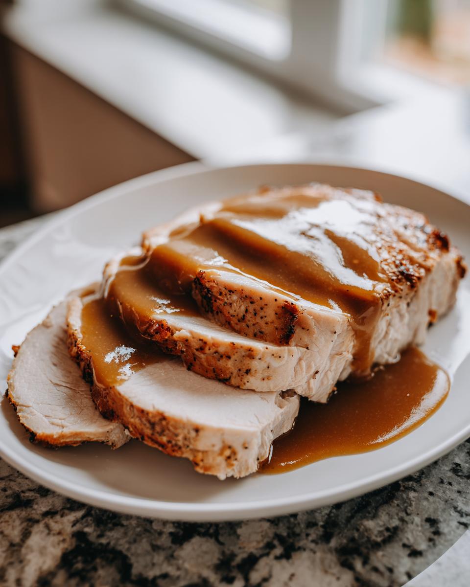 Three thick slices of juicy instant pot turkey breast covered in rich brown gravy on a white plate.