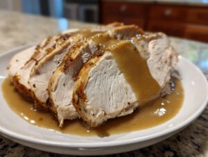 Thick slices of juicy Instant Pot Turkey Breast covered in brown gravy, served on a white plate.