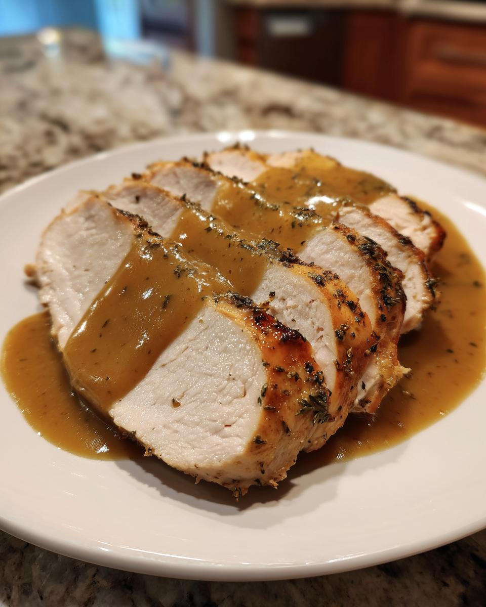 Four thick slices of juicy instant pot turkey breast seasoned with herbs and covered in brown gravy on a white plate.