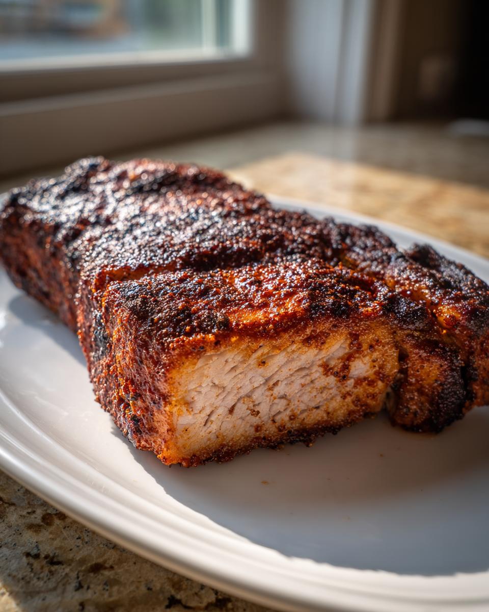 Close-up of a thick, seasoned air fryer pork chops cut open, showing juicy interior and dark crust.