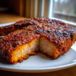 Close-up of a thick, juicy air fryer pork chop cut in half, showing a perfectly cooked interior and a heavily seasoned, dark red crust.